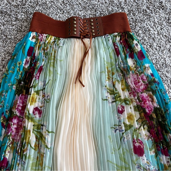 Boho Floral Print Pleated Festival Maxi Skirt Corset Belt Sz L - Picture 4 of 11